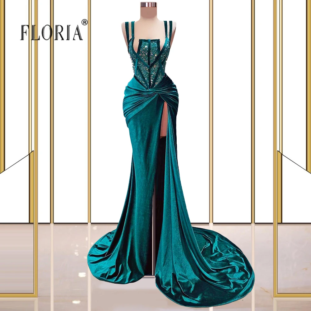 

Dark Blue Mermaid Prom Dresses Saudi Arabia Sequined Pleated Sexy Split Evening Gowns Robe Formal Party Dress Sweep Train