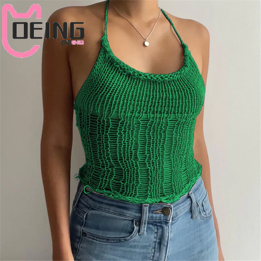 

OEING Women Y2K Sexy Crop Top Summer Halter Sleeveless Knitted Cropped Tops Fashion Streetwear Tank Camis Female Clothes 2022