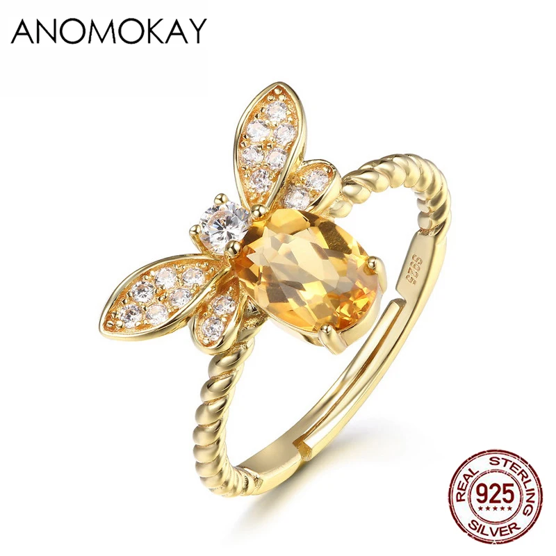 

Классические кольца anomok в виде пчелы с желтым кристаллом золотого цвета для вечерние ринки на годовщину 925 серебро с изменяемым размером юв...