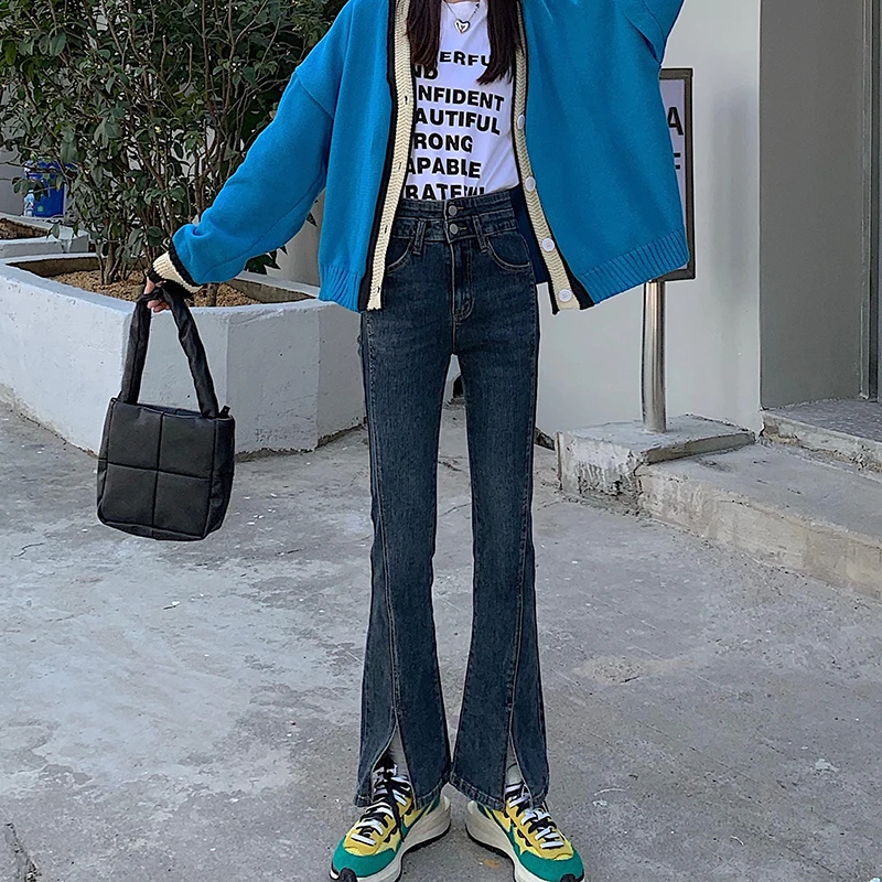 

DD0840 New fashion slit micro flared denim trousers female high-waisted slim trousers jeans