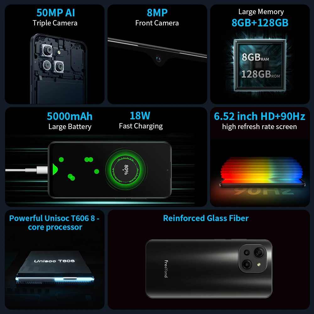 FreeYond M5 8GB 128GB Cellphones 50MP AI Triple Camera 90Hz IPS Screen 5000mAh 18W Fast Charging Android Phone Smartphone