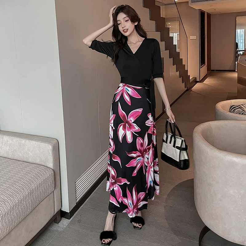 

Big Floral Patchwork Three-quarter Sleeve Korea Women Bohemian Beach Maxi Wrap Dress Ankle-length Elegant Ladies Holiday Dress