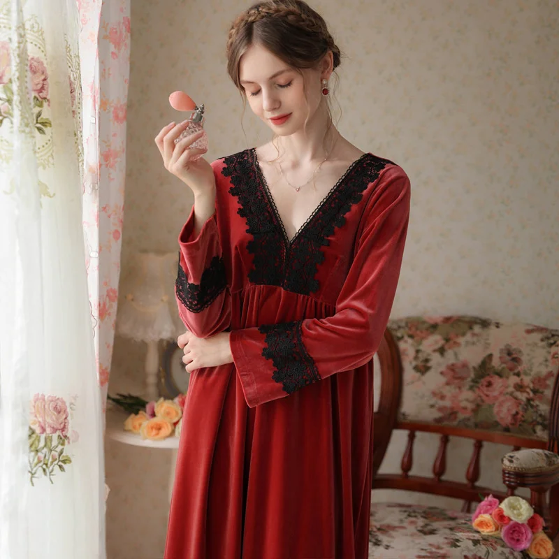 2022 Women Nightdress Fleece V-Neck Lace Sleepshirt Nightwear Elegant Long Dressing Gown Winter Soild Retro Sleepdress Nightgown