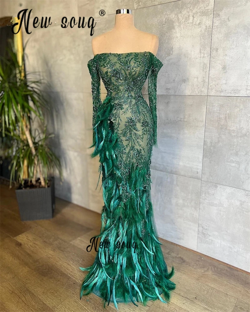 

Роскошное вечернее платье с перьями, с открытыми плечами и длинным рукавом, женское изумрудно-зеленое официальное платье с бусинами для торжественных мероприятий