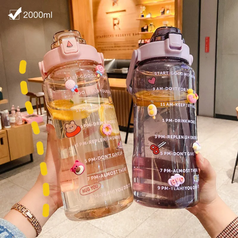 

2L Oversize Capacity Water Bottle Straw Cup High Temperature Plastic Water Kettle Scale Portable Outdoor Sports Straw Space Cup