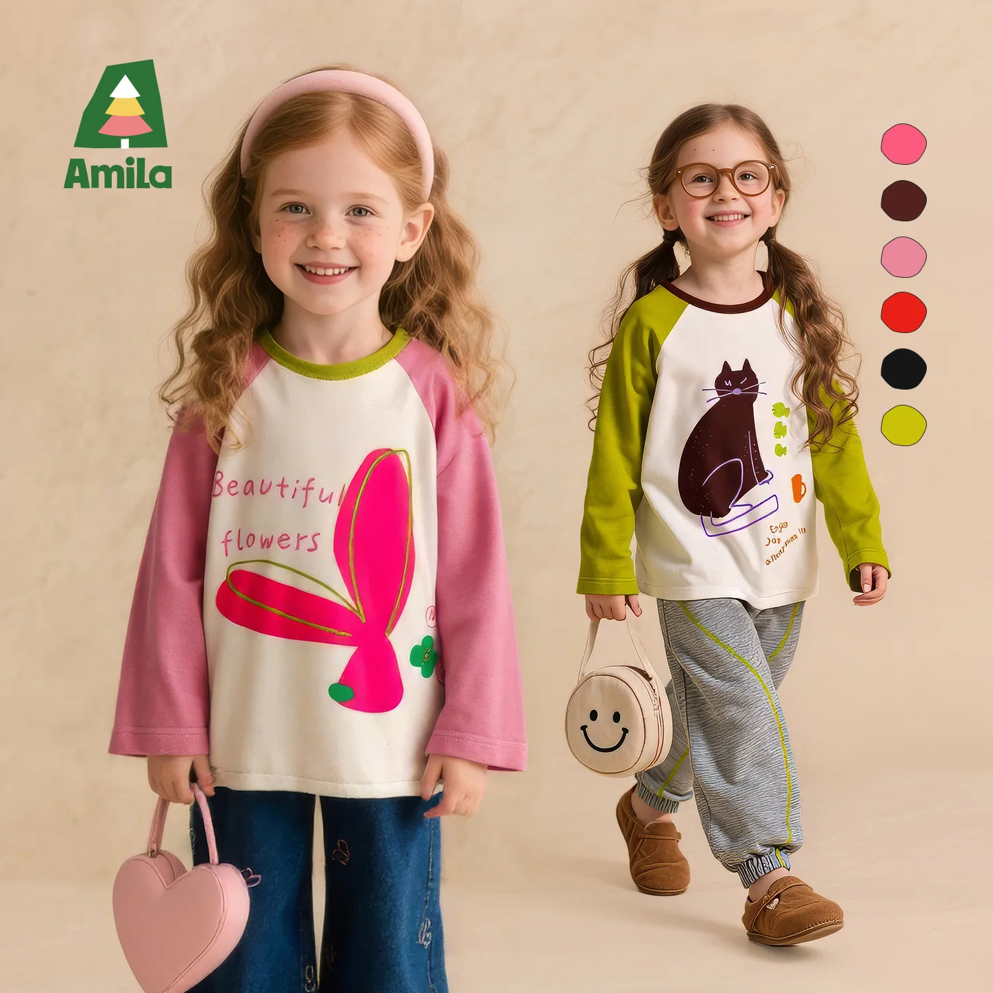Фото Футболка реглан Amila, детская весенняя хлопковая повседневная футболка с длинными рукавами и мультяшным принтом для мальчиков и девочек, модная футболка реглан с цветными блоками для малышей №1