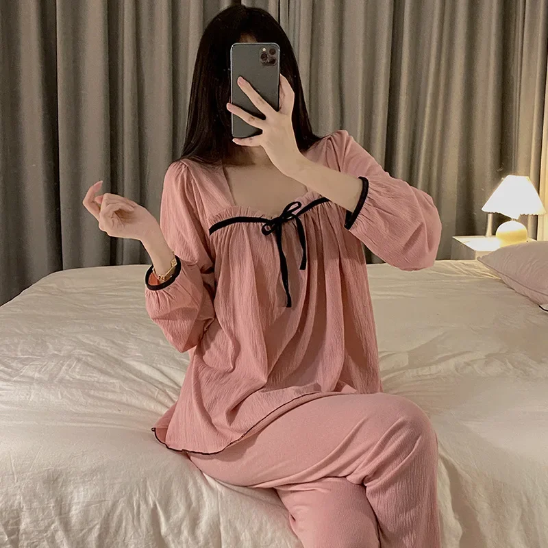 Spring Autumn New Women's Cute Sweet Bubble Cotton Sleepwear 2-piece Set Long Sleeve Trousers Homewear Outer Wear