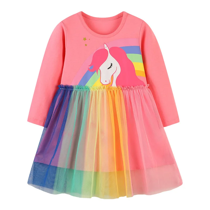 

Autumn Long Sleeve Princess Dress Girls Dress Rainbow Unicorn Printed Spring Toddler Kids Dresses Children Birthday Baby Dress