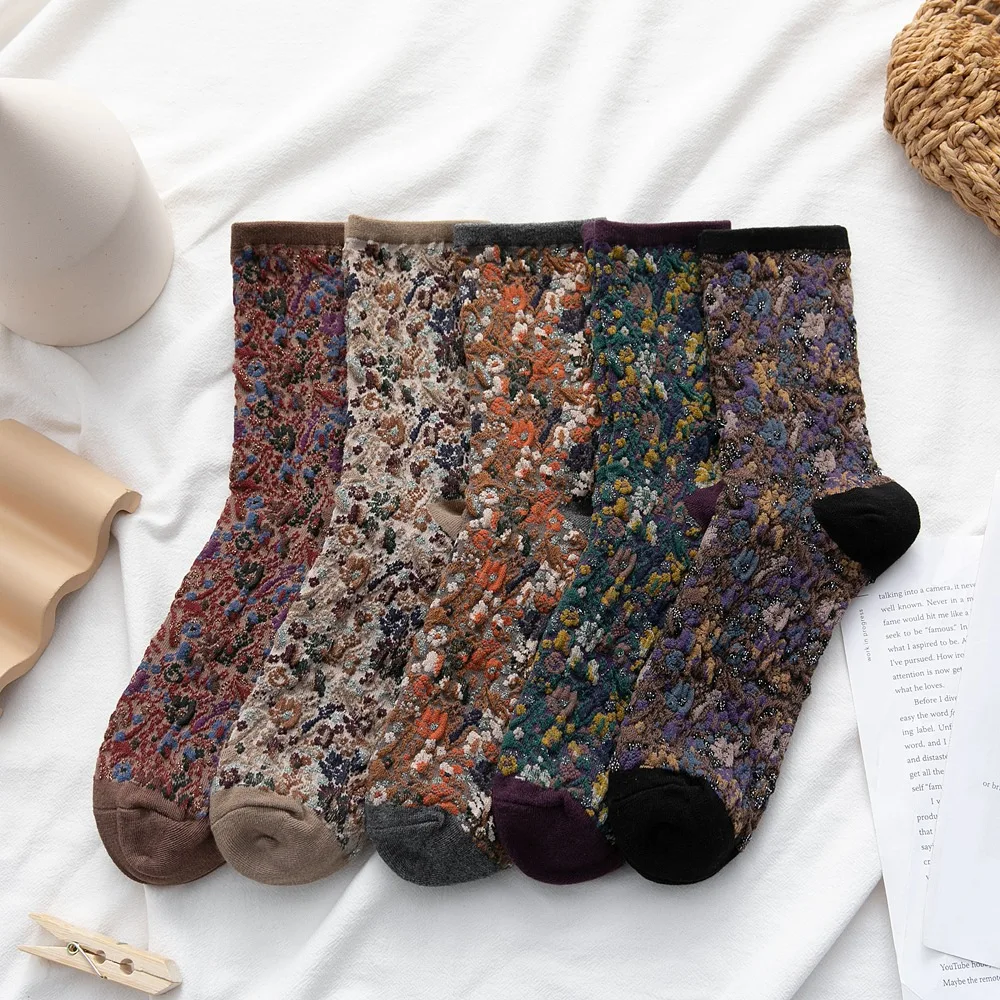 Harajuku Retro Women Socks Korean Japanese Style Fashion Long Socks Cotton Knitting Harajuku Floral Girls Kawaii Cute Crew Socks
