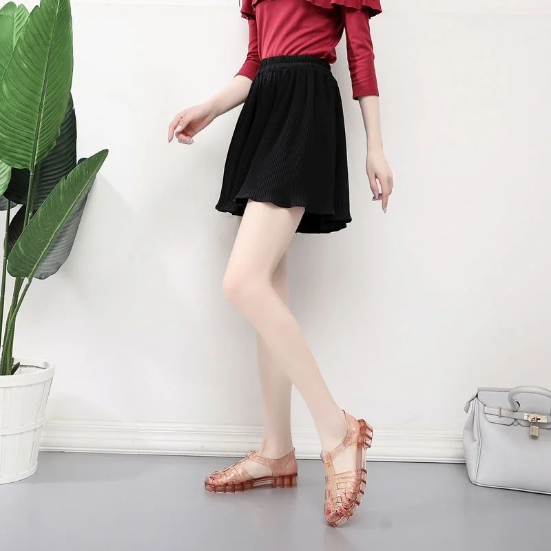 Summer Women Transparent Crystal Plastic Jelly Candy Color Sandals Female Closed Toe Flat Shoes Hollow Retro Beach Slippers