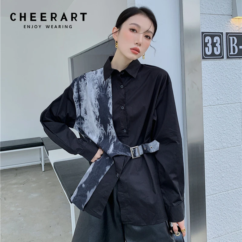 

Черная уличная женская рубашка CHEERART на пуговицах, Топ с длинным рукавом и блузки в стиле пэчворк, дизайнерская Осенняя рубашка с воротником