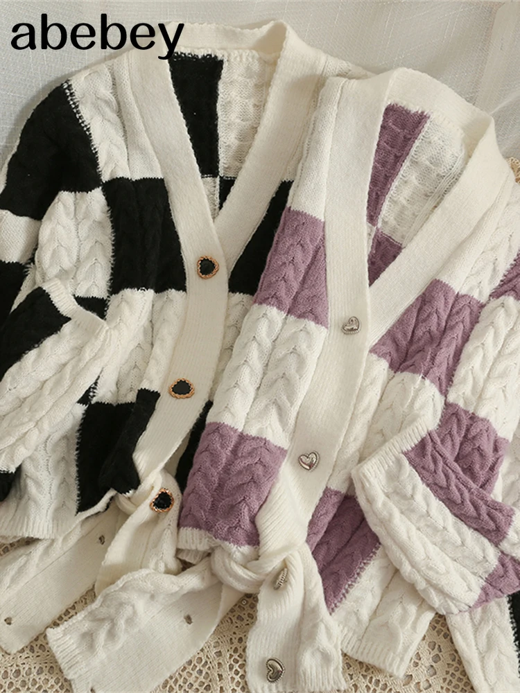 

V-neck Plaid Checkerboard Cardigan Women Long Sleeve 2022 Autumn Winter Single Breasted Ladies Sweater Jumper Korean
