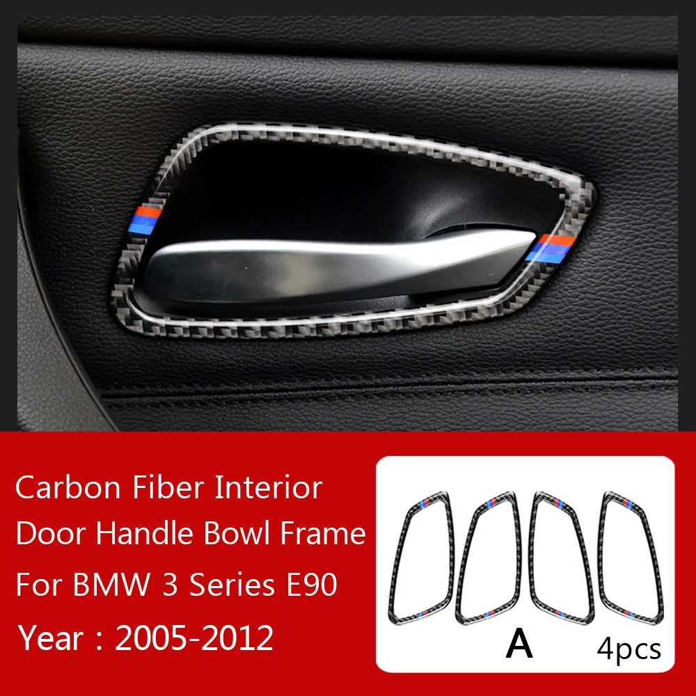 

True Carbon Fiber Car Interior Door Handle Cover Trim Door Bowl Decals And Sticker For BMW E90 E92 E93 3 Series