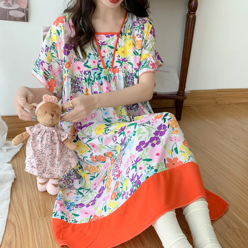 

Women's Fashion Nightgowns Short Sleeve Nightdress Female Viscose Night Wear Print Summer New Loose Sleeping Dress