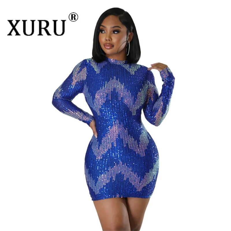 

XURU New Women's Sequins Dress, Half High Collar Blue Buttocks A-line Dress, Sexy Nightclub Club Party Dress