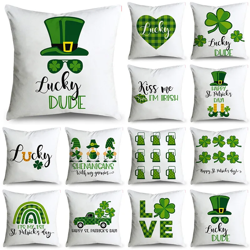 

NIGHTWISH Simple Style St. Patrick's Day Pillowcase Green Beer Four-Leaf Clover Letters Design Sofa Cushion Cover 40/45/50cm