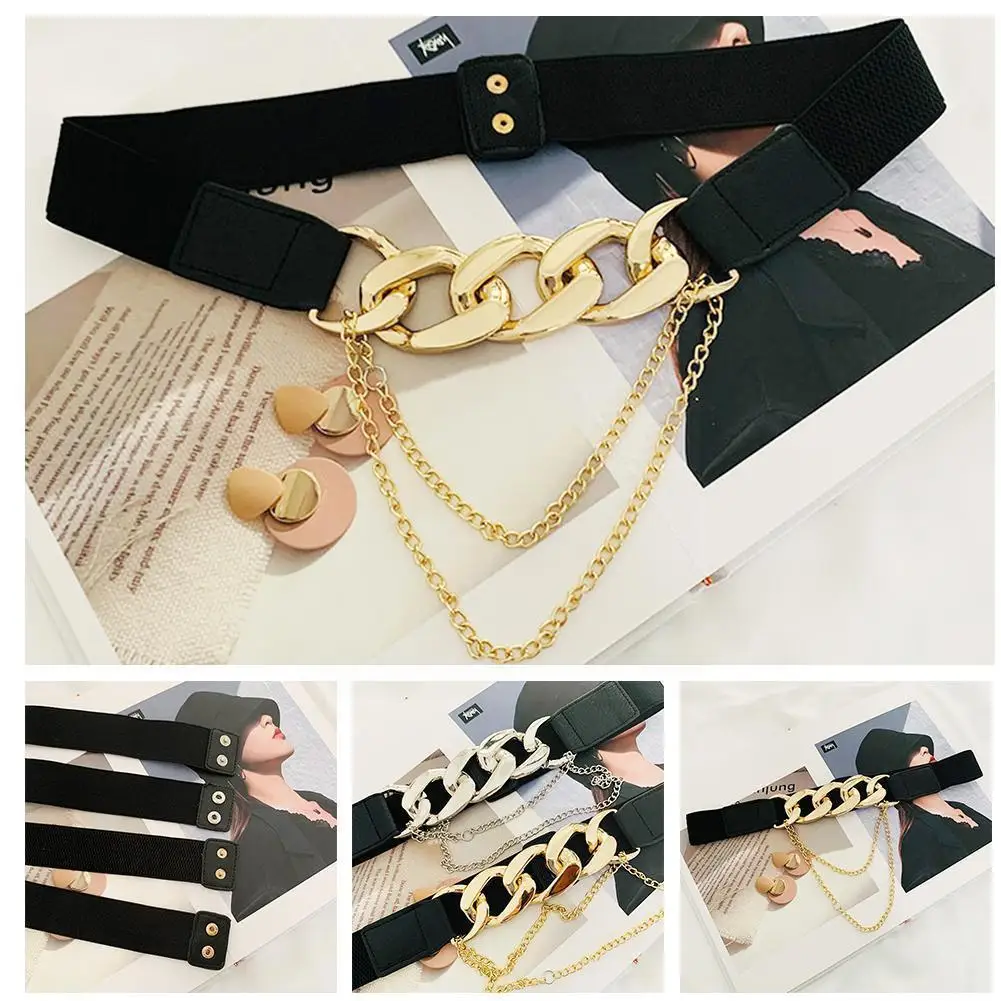 

Fashion Elastic Belts For Women Designer Luxury Brand Pu Thick Chain Waist Strap Dress Coat Sweater Lady Decorative Waistba Z8a5