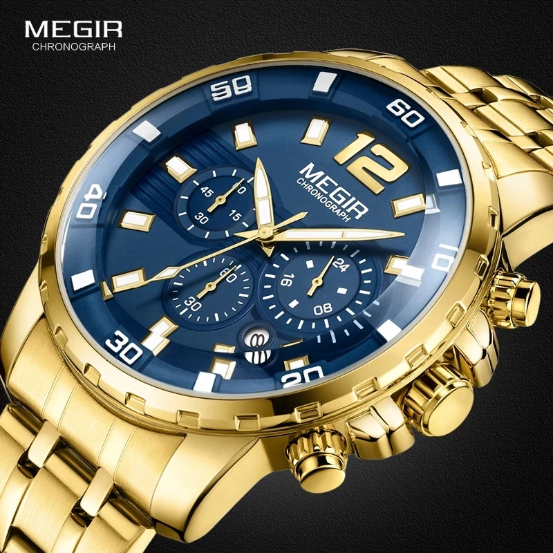 

Megir Men's Gold Stainless Steel Quartz Watches Business Chronograph Analgue Wristwatch for Man Waterproof Luminous 2068GGD-2N3