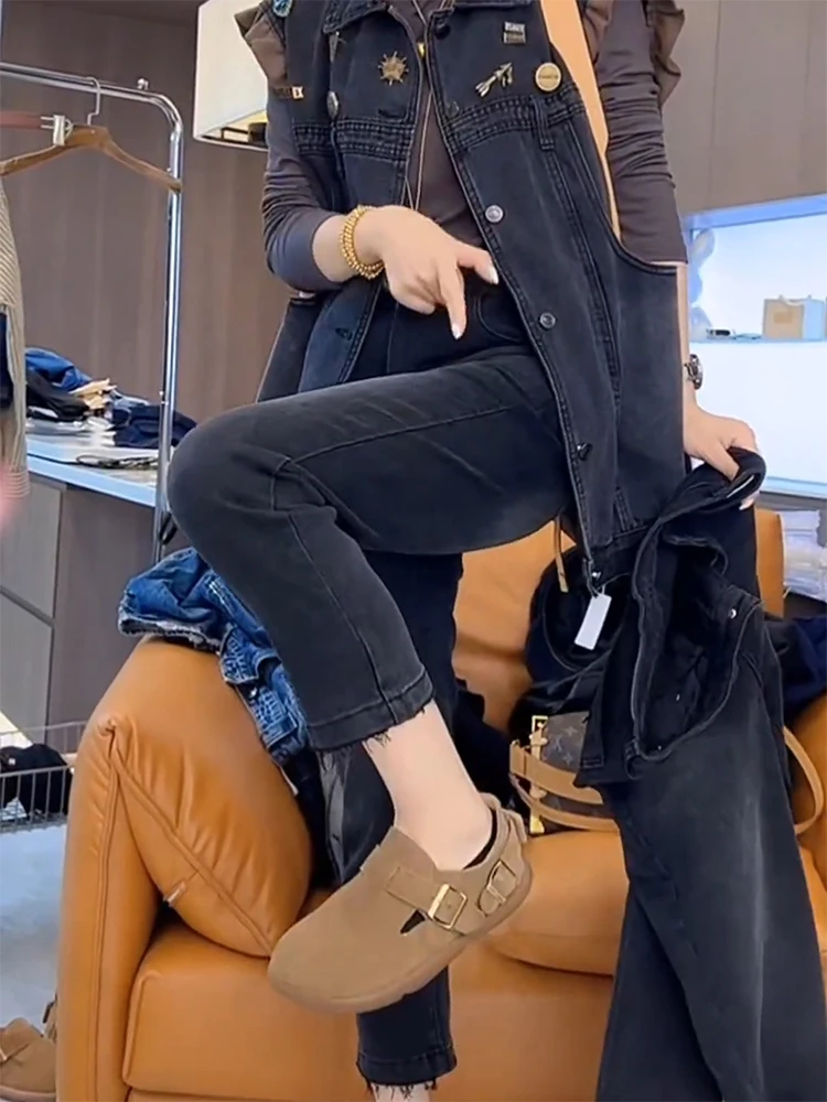 Черно-серые прямые джинсы больших размеров женские зимние новые большие размеры