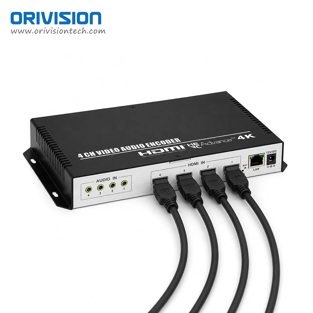 Фото Профессиональный 4-канальный HEVC H.265 HDMI-IP-кодер с поддержкой 4K SRT RTMP RTMPS ONVIF и OLED-экраном для многоплатформенной прямой трансляции №1