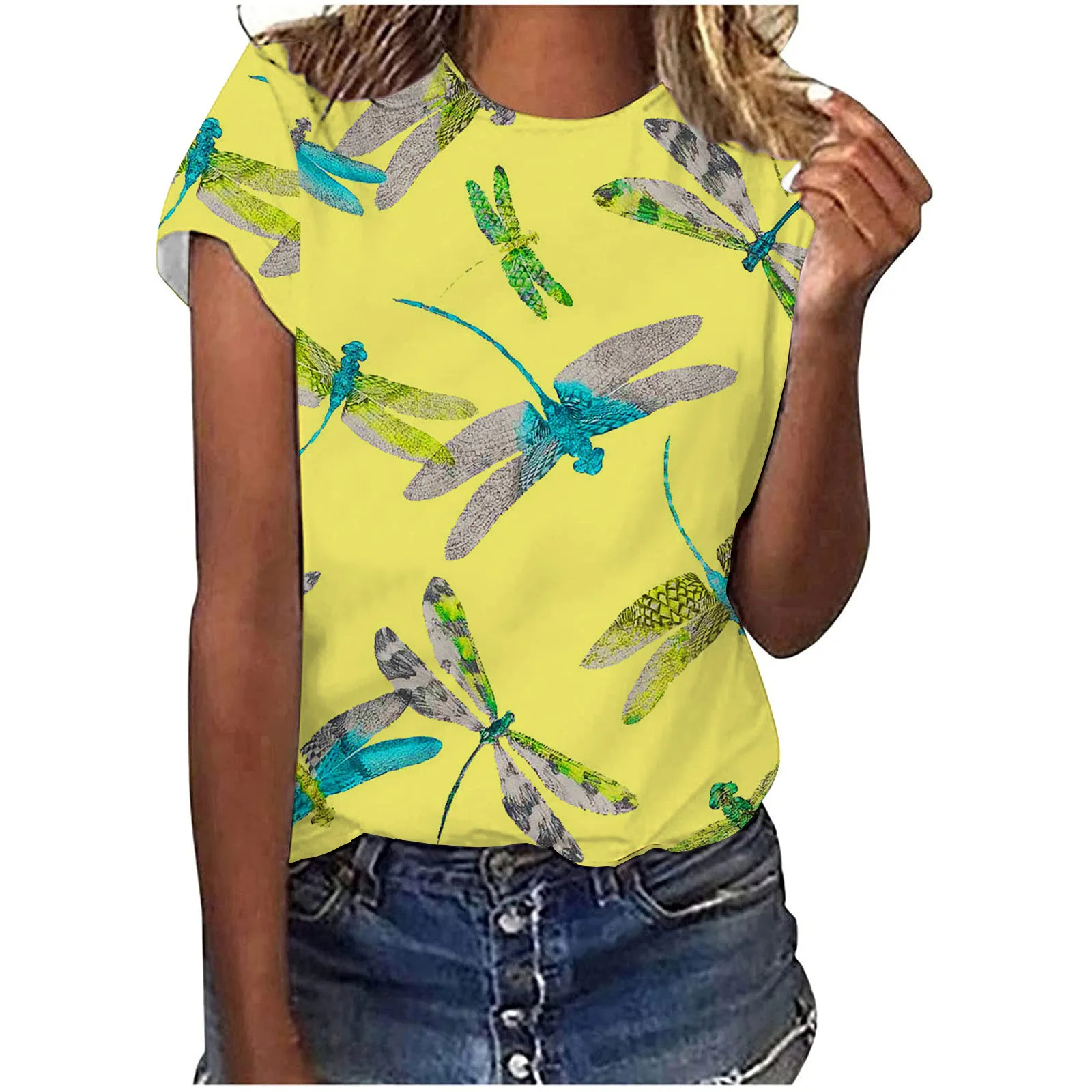 

2022 New Women's Round Neck Short Sleeve T-shirt, Fashionable And Dazzling 3D Dragonfly Printed T-shirt, Urban Trend In Summer