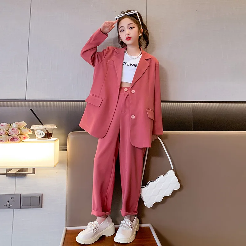 

Kids Suits Girls 2023 Spring New Casual Blazer Tops Pants Two Piece School Children's Clothing 12 13 14 Years Teenager Pink Sets
