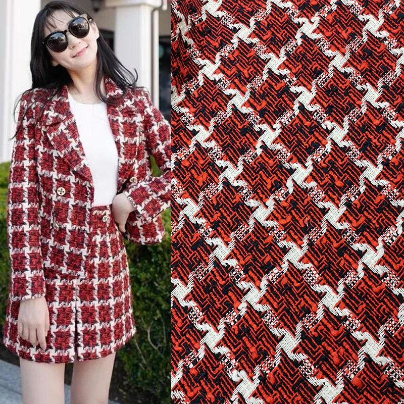 

50x145cm Red And White Lattice Tweed Fabric For Woman Coat Dress Telas Por Metro Tissus Au MÈTre Ткань Для Шитья Одежды DIY