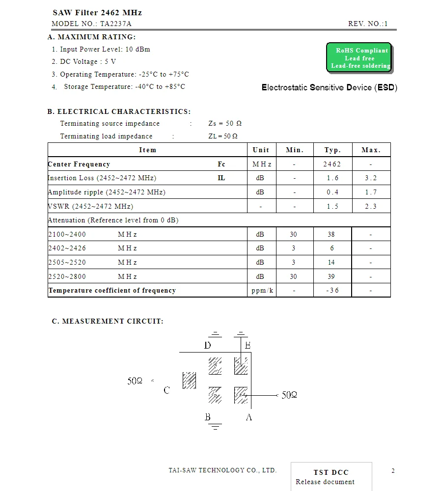 10 шт. TA2237A код P новый подлинный фильтр SMD SAW 2462 МГц в наличии
