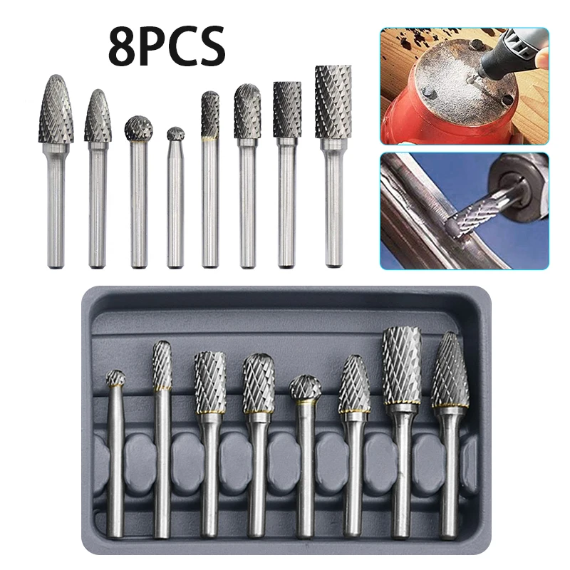 

8 Pcs/Set 6mm-12mm Tungsten Carbide Burr Bit CNC Engraving 1/4" Rotary Cutter Files Portable Tools Set