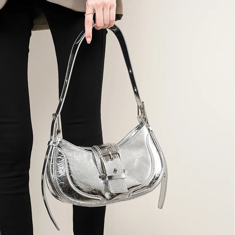 Women Genuine Leather Hobo Bag Vintage Cowhide Design Ladies Underarm Bag High-quality Armpit Bag Y2K Shoulder Crossbody Bag