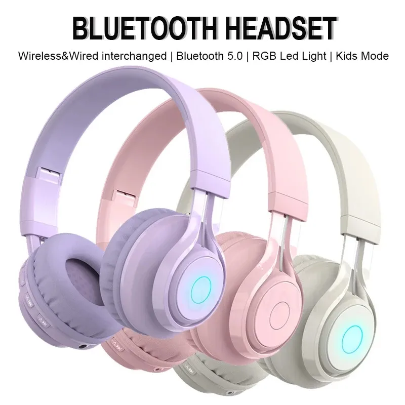 

Симпатичные наушники Bluetooth Беспроводные Проводные сменные светодиодные RGB наушники складные розовые Фиолетовые наушники для девочек