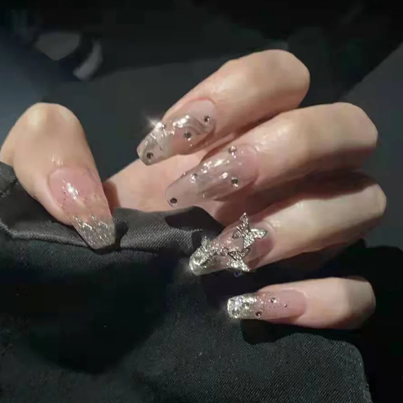 

Glitter 3D Butterfly Full Cover False Nail Coffin Press on Nails White Ballerina Glossy Fake Nails