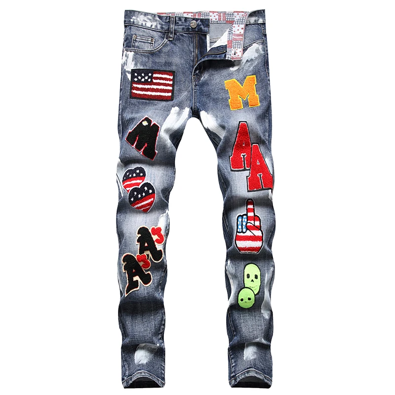 High Street Fashion Mens Jeans Letter Embroidery Designer Oil Paint Drawing Printed Jeans Men Punk Pants Skinny Hip Hop Jeans