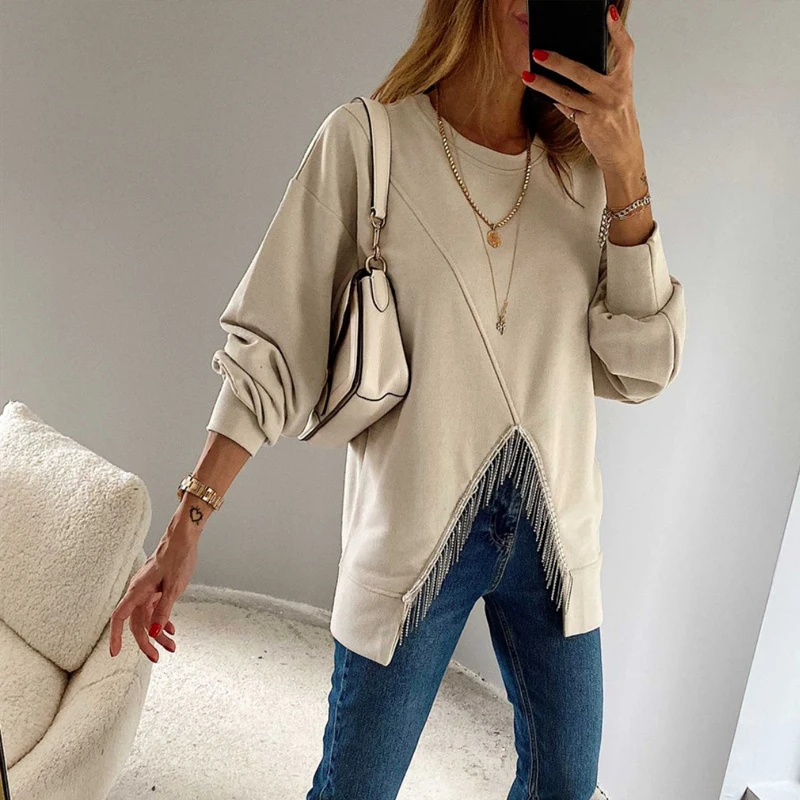 

Повседневная демисезонная свободная толстовка с бахромой, пуловер, новинка, Женские однотонные Топы с длинным рукавом, элегантные женские толстовки со средним разрезом и круглым вырезом