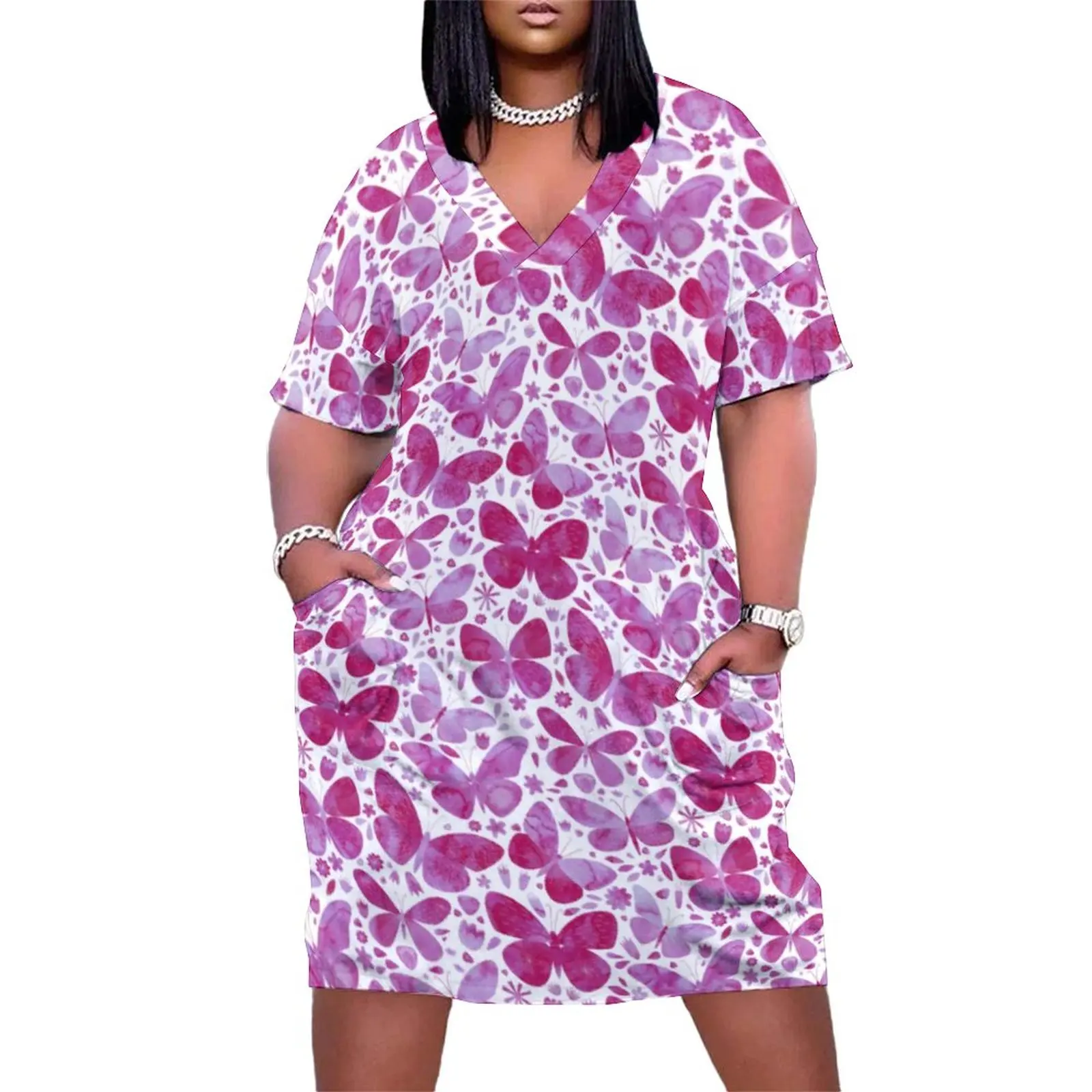 

Watercolor Butterfly Dress V Neck Pink Animal Print Cute Dresses Womens Aesthetic Print Casual Dress With Pockets Plus Size 5XL