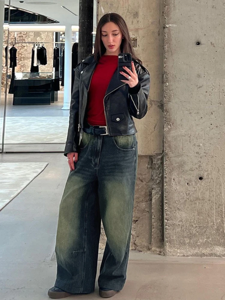 Vintage Gradient Flared Jeans Washed High Waisted Baggy Pants 2023 Korean Fashion Streetwear Wide Leg Long Denim Trousers y2k