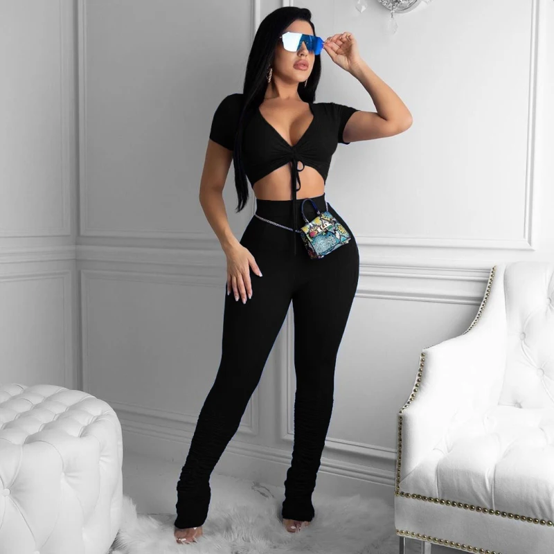 

Two-piece Set Pants Summer Sexy V-neck Short Sleeve Bandage Crop Tops Elastic Waist Solid Pleated Pile Pants Women Suits