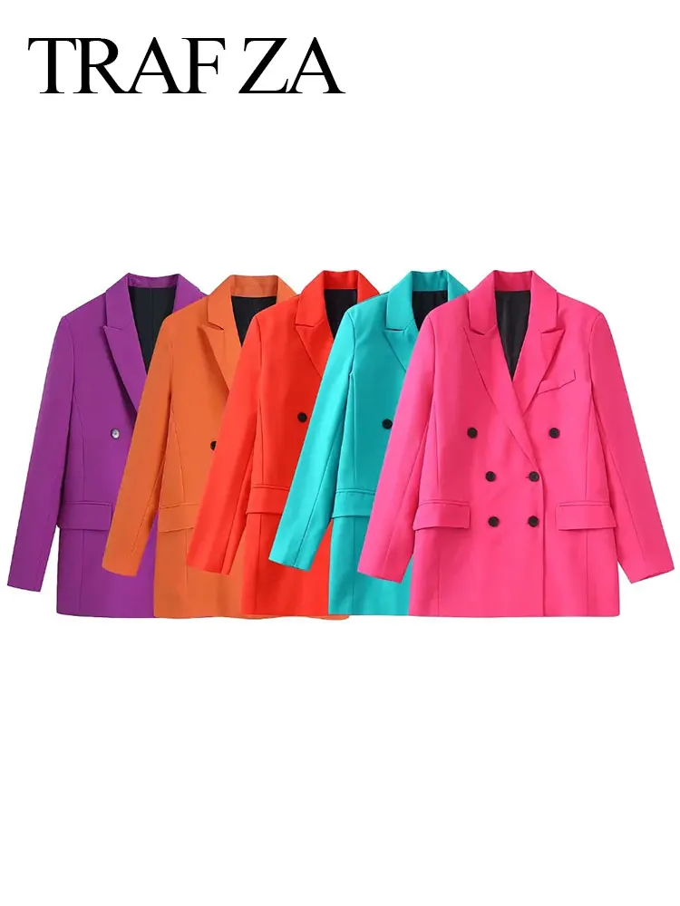 

TRAF ZA Slim Fit Simple Office Wear Suit Jacket Casual Five Colors Long Sleeve Lapel Solid Color Double Breasted Women Blazer