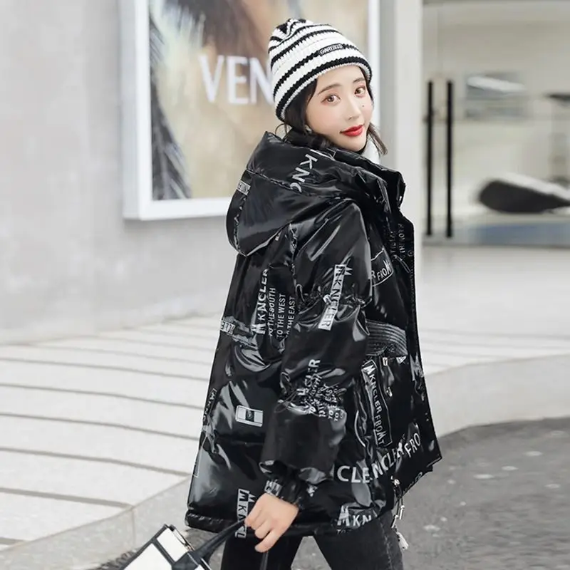 Down Thick Down Jacket for Women 2022 New Hooded Loose Oversize Printed Winter Clothes for Women Coat White Duck Down