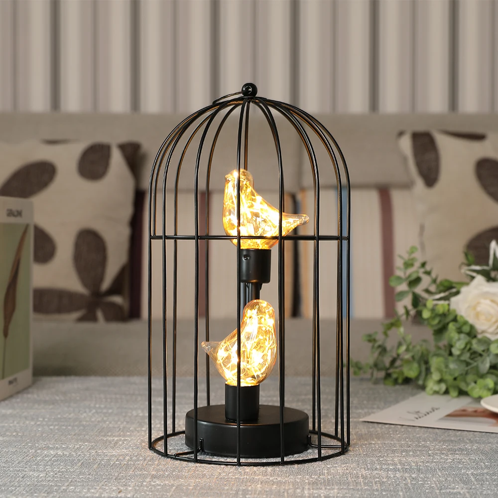 Фото Birdcage Decorative Table Lamp Battery Operated Cordless Accent Light with Warm White Fairy Lights Bird Bulb for Home Decor №4