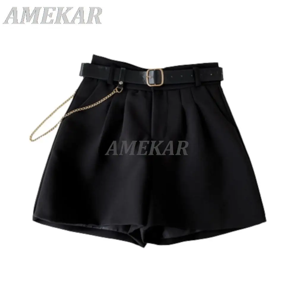 Women's Casual Solid Work Wear Pants Summer Black All-match Thin Loose Wide Leg Shorts Lady High Waist Straight Tube Suit Pants