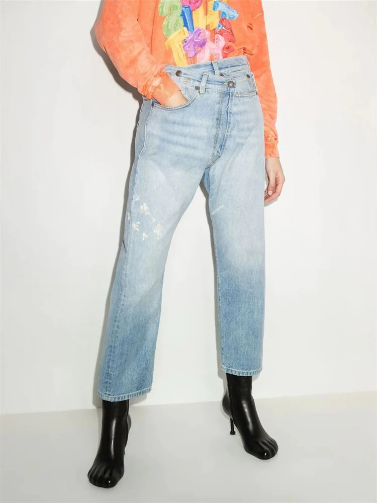 

Fashion Women Crooked Distressed High Waist Jeans New Irregular Ladies Loose Trousers Straight Vintage Long Pants