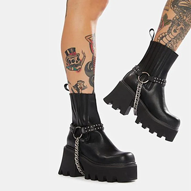 

Punk Style Rivets Studs Belt Buckle Chains Cross platform heel Club Boots Woman Cow leather Chunky Heel Ankle Boots Work boots