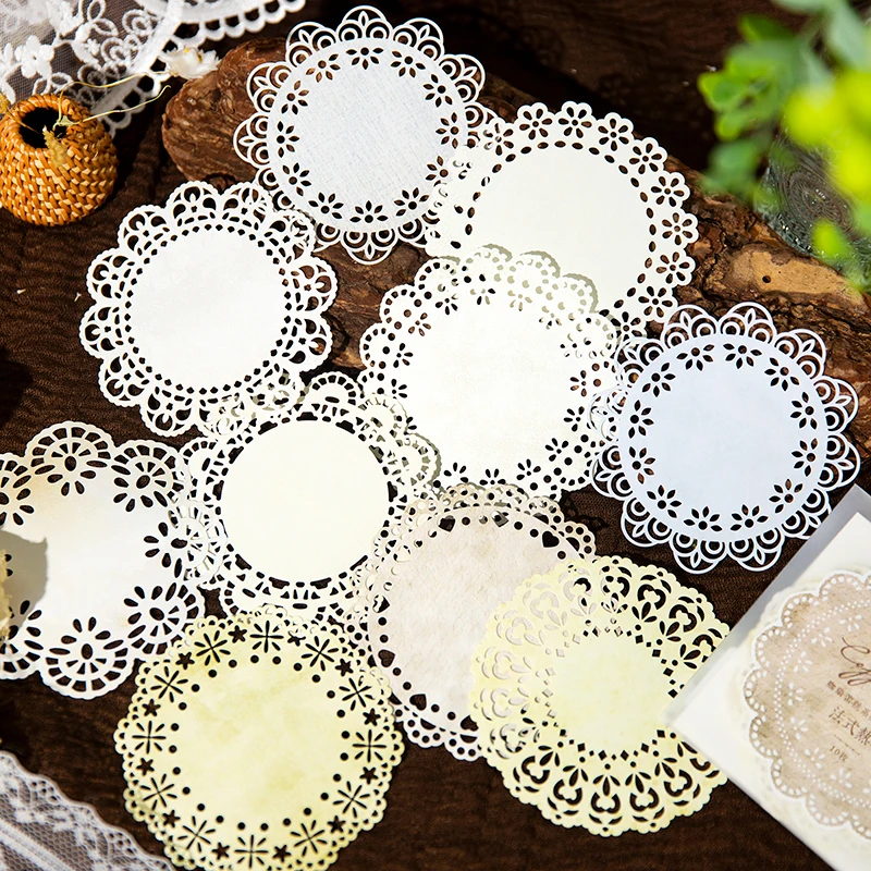 

10 Pcs Material paper hollowed out retro coffee dyed lace series collage hand tent decoration DIY creative note paper 6 types