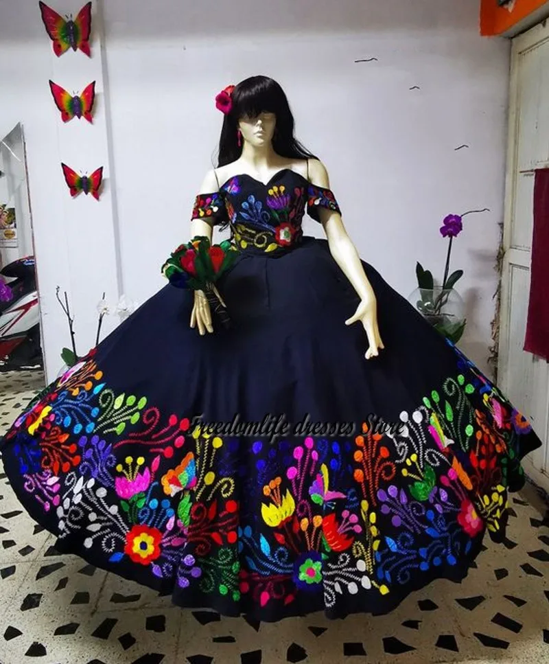 

Женское платье с вышивкой, темно-синее платье для выпускного вечера, с открытыми плечами, на праздник XV, 15 лет, 16 дней рождения