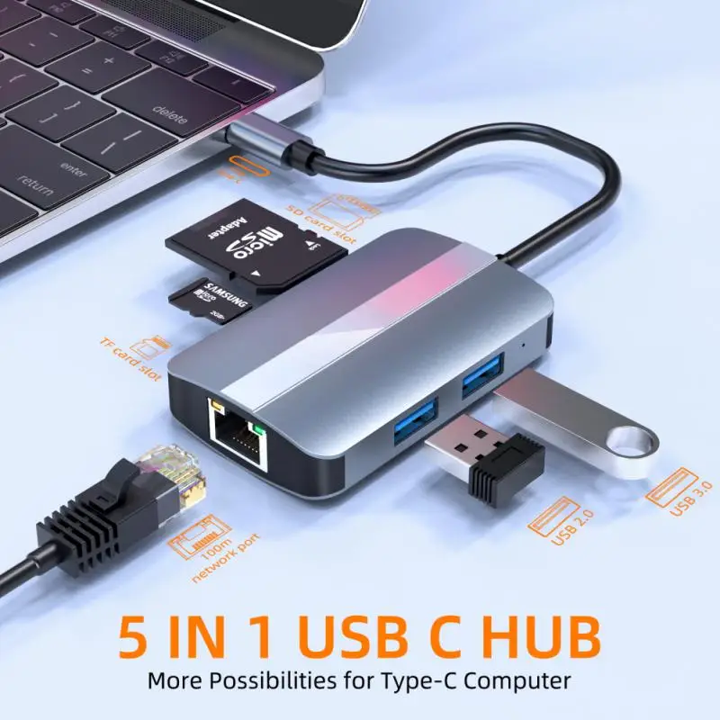

Адаптер RJ45 5 в 1, USB C хаб с Type C на RJ45 PD SD/TF USB 2,0, быстрая зарядка для MacBook Pro, аксессуары для ноутбуков, разветвитель типа C