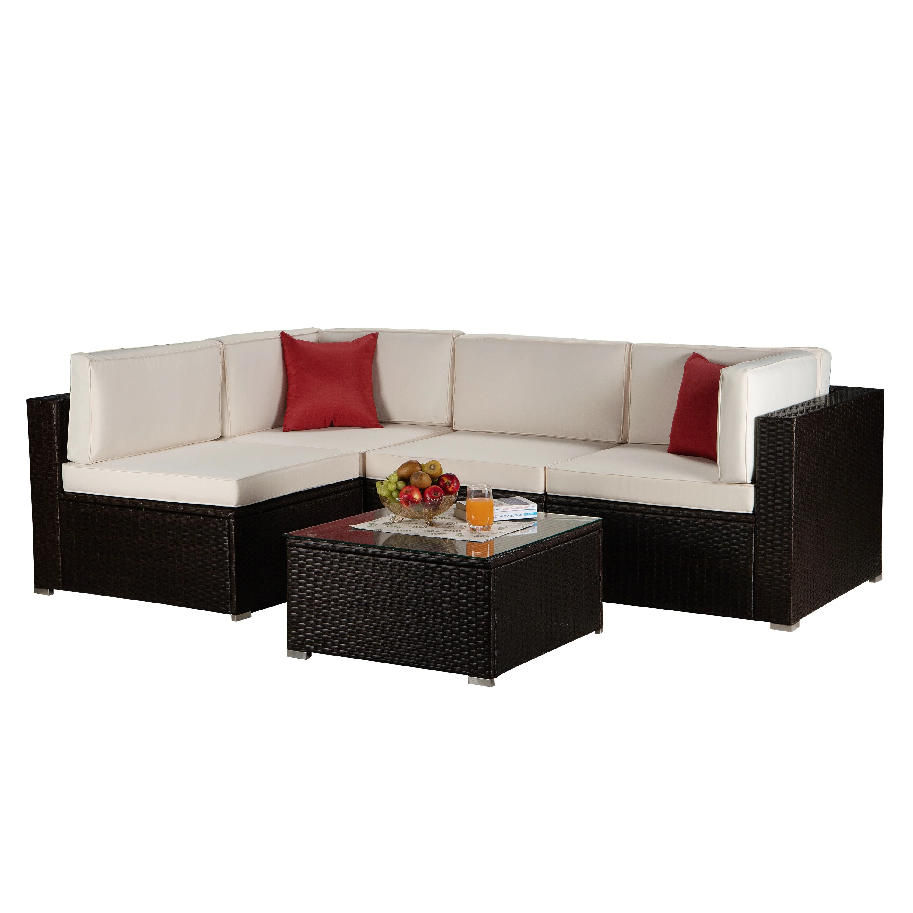 

Furniture Outdoor Garden Patio Furniture 5-Piece Brown PE Rattan Wicker Sectional Beige Cushioned Sofa Sets with 2 Pillows
