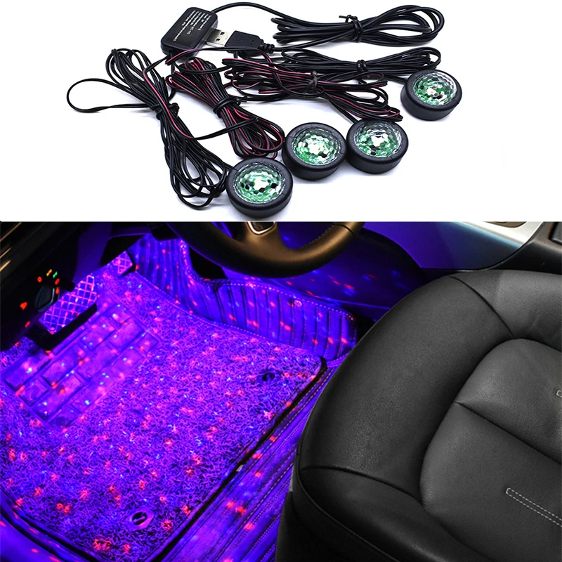 

4pcs Car LED Starry Foot Light USB Atmosphere Ambient DJ Mixed Colorful Music Rhythm Sound Voice Control Laser Decoration ​Lamp