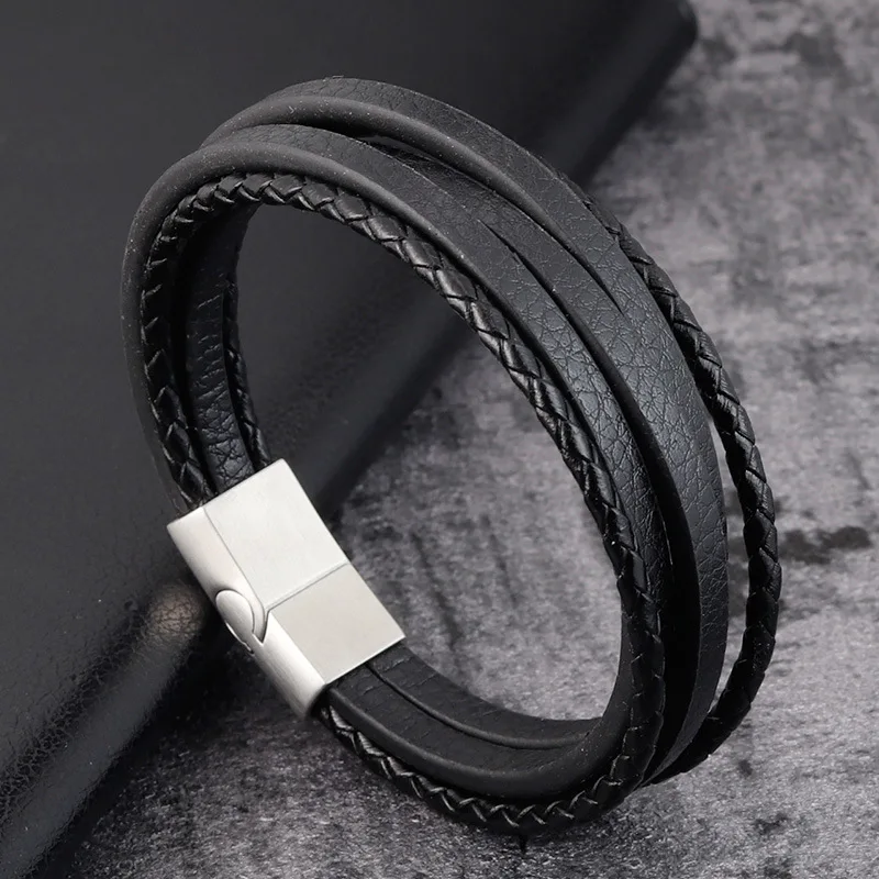 

Hot Sale Multi-layer Leatherwear Bracelet Stainless Steel Magnetic buckle Luxury Men's Bangles Fashionable Jewelry Gifts Wholesa