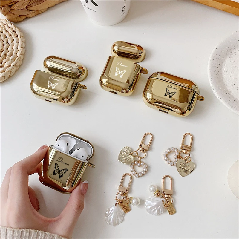 

Luxury Gold Plating Pearl Keychain Earphone Case For Airpods 3 Pro 2 Personalized Name Letters DIY Butterfly Pattern Customized
